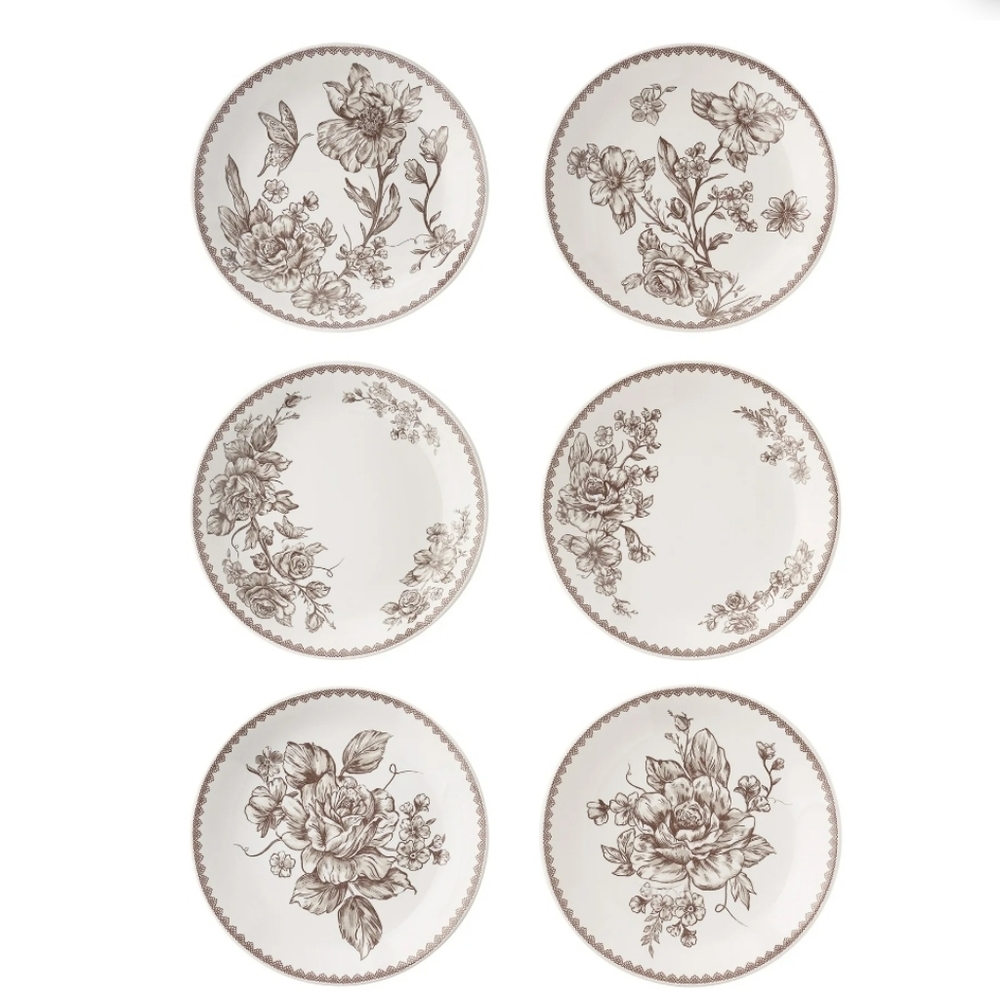 💕 2025 Pioneer Woman Agatha Brown Floral 6 Pack Appetizer Plate Set